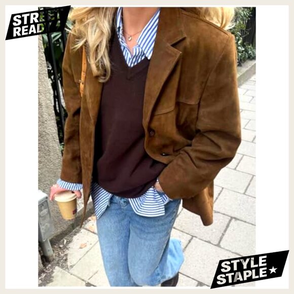 Oversized Faux Leather Blazer Jacket Long Sleeve Mid-Thigh Length Trench Coat - Picture 2 of 4